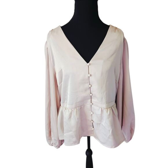 Beige Peplum Blouse Button Up V-Neck Long Sleeve Old Navy XL Feminine NWT - Picture 1 of 13